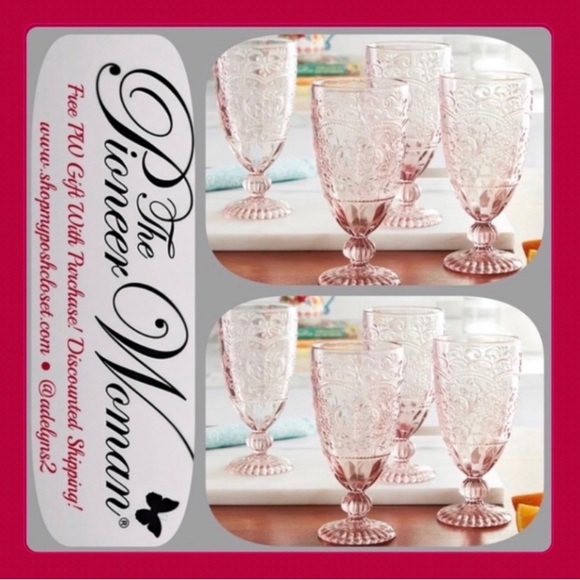 🌺 New Pioneer Woman Amelia 14.7-Ounce Footed Glass Goblets, Set of 8, Rose Red - Picture 1 of 11